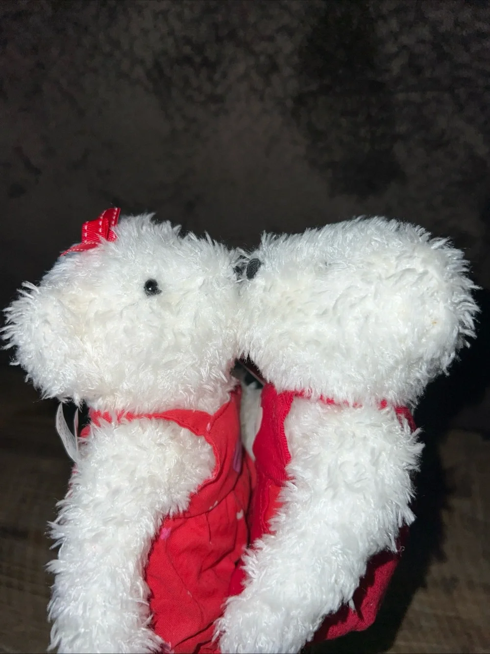 Retro Hallmark White Plush Kissing Bears in Red Outfits